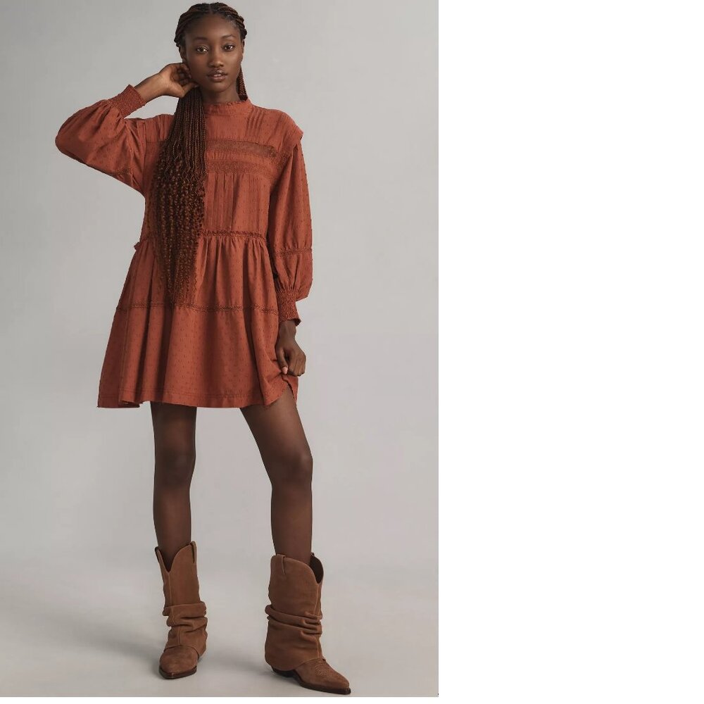 Anthropologie Pilcro Long-Sleeve Mock-Neck Swing Mini Dress size S new orange
